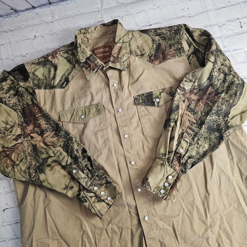 Forge Workwear Mens Camo Sleeve Tan Western Snap Button Long Sleeve Shirt 2XLT
